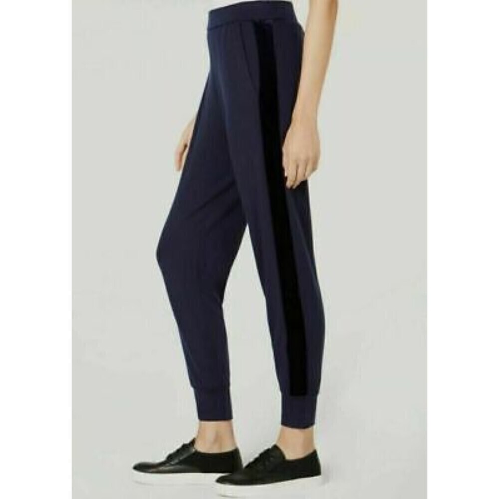 EILEEN FISHER Navy Blue Velvet Velour Side Stripe Jogger Pants Small Petite
